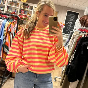 Sweater met strepen en pofmouw - Geel/Roze