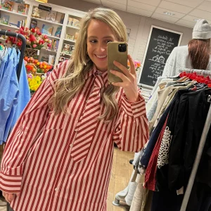 Overhemdblouse met stropdas - gestreept - Burgundy/Roze