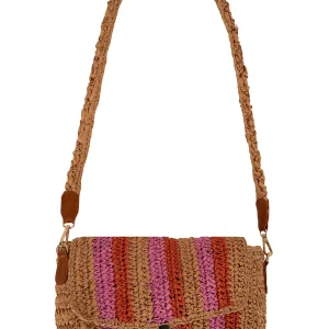 Zusss Raffia Schoudertas met Streep - Roze/Oranje