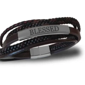 Leren Heren armband - Blessed - bruin - Maat 21