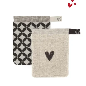 Zusss Set van 2 washandjes - Hartje/Patroon - Antracietgrijs/Zand