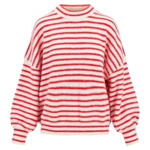Zusss - Fluffy pofmouw trui streep - Off white/Rood