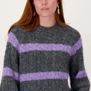 Zusss - Streep Kabeltrui met Ballonmouw - Antracietgrijs / Grijs