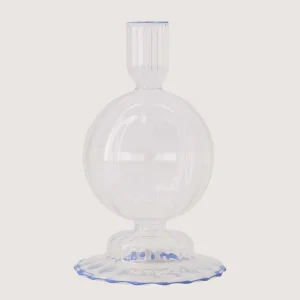 Zusss Kandelaar Glas Bolling Ribbel - Transparant/Blauw