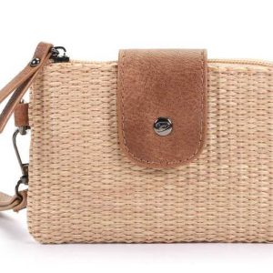 Naturel/Camel gevlochten portemonneetje met print