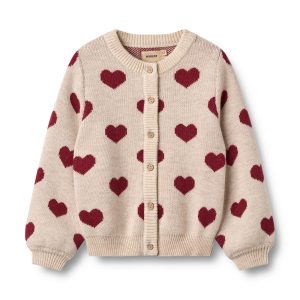 Wheat - jacquard knit heart cardigan kid - offwhite melange