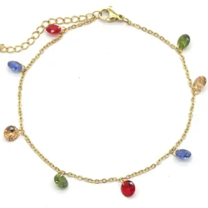 Enkelbandje - stainless steel - goud met gekleurde steentjes