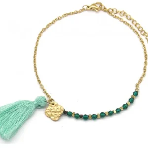 Enkelbandje - stainless steel - goud met groene steentjes en kwastje