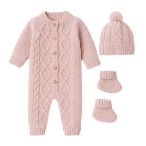 Cable knitted jumpsuit set - soft pink