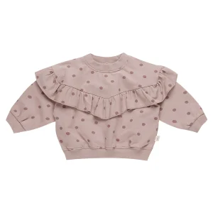 Quincy Mae - ruffle sweatshirt polka dots - mauve